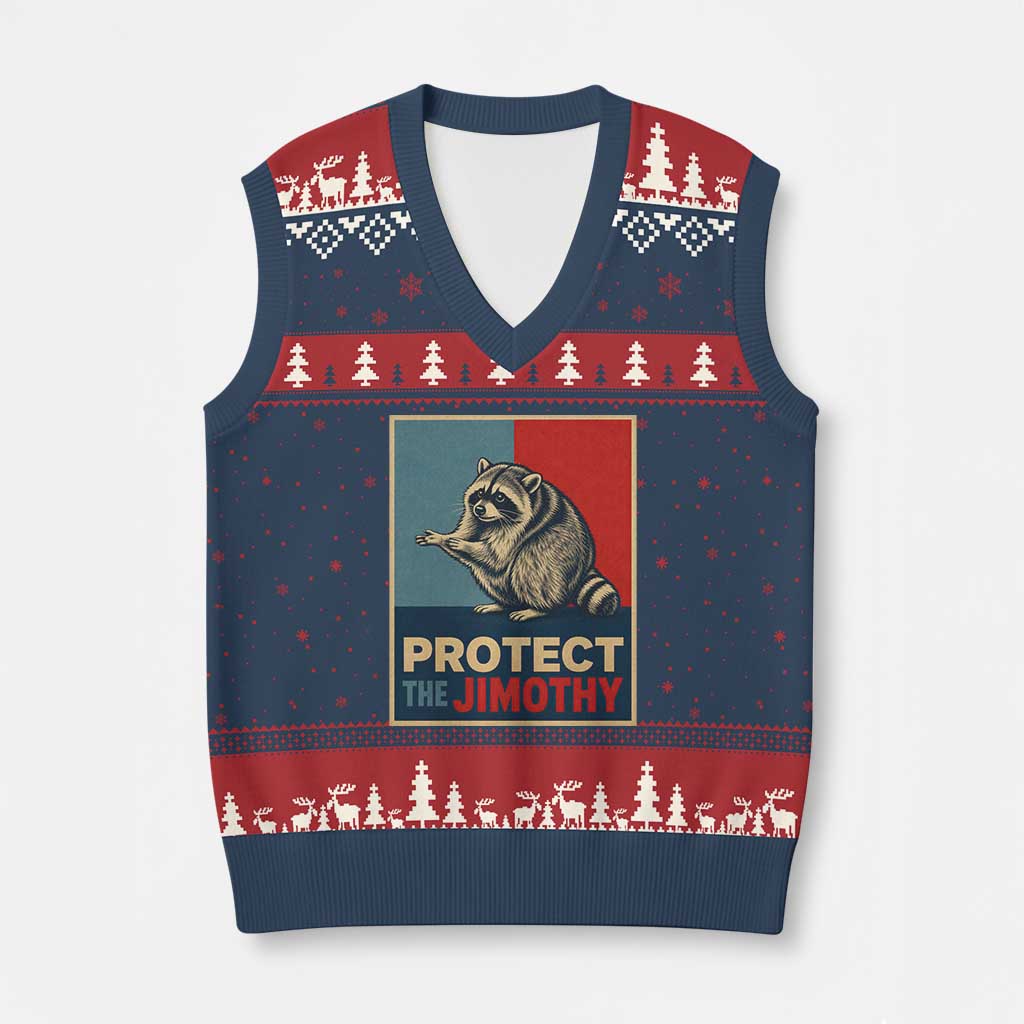 Protect The Jimothy V-Neck Knit Sweater Vest Funny Retro Trash Panda Animal Lover Meme