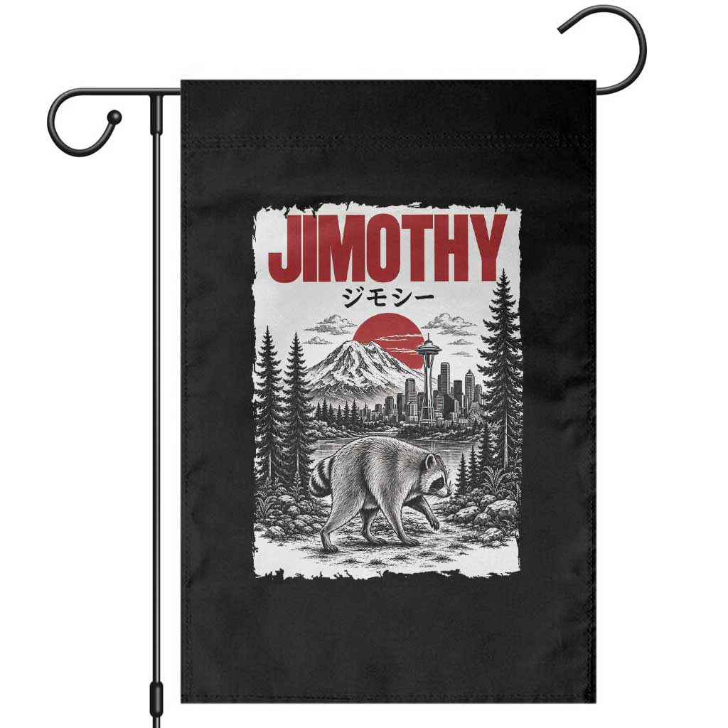 Jimothy The Raccoon Garden Flag Seattle Skyline Mount Rainier Japanese Retro Vintage Art