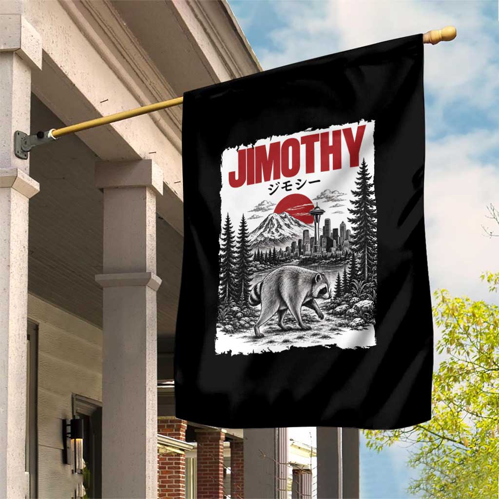 Jimothy The Raccoon Garden Flag Seattle Skyline Mount Rainier Japanese Retro Vintage Art