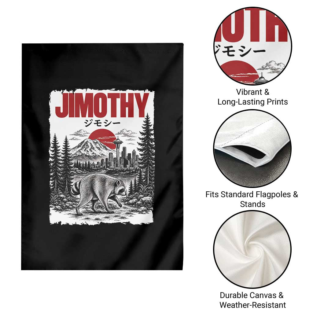 Jimothy The Raccoon Garden Flag Seattle Skyline Mount Rainier Japanese Retro Vintage Art