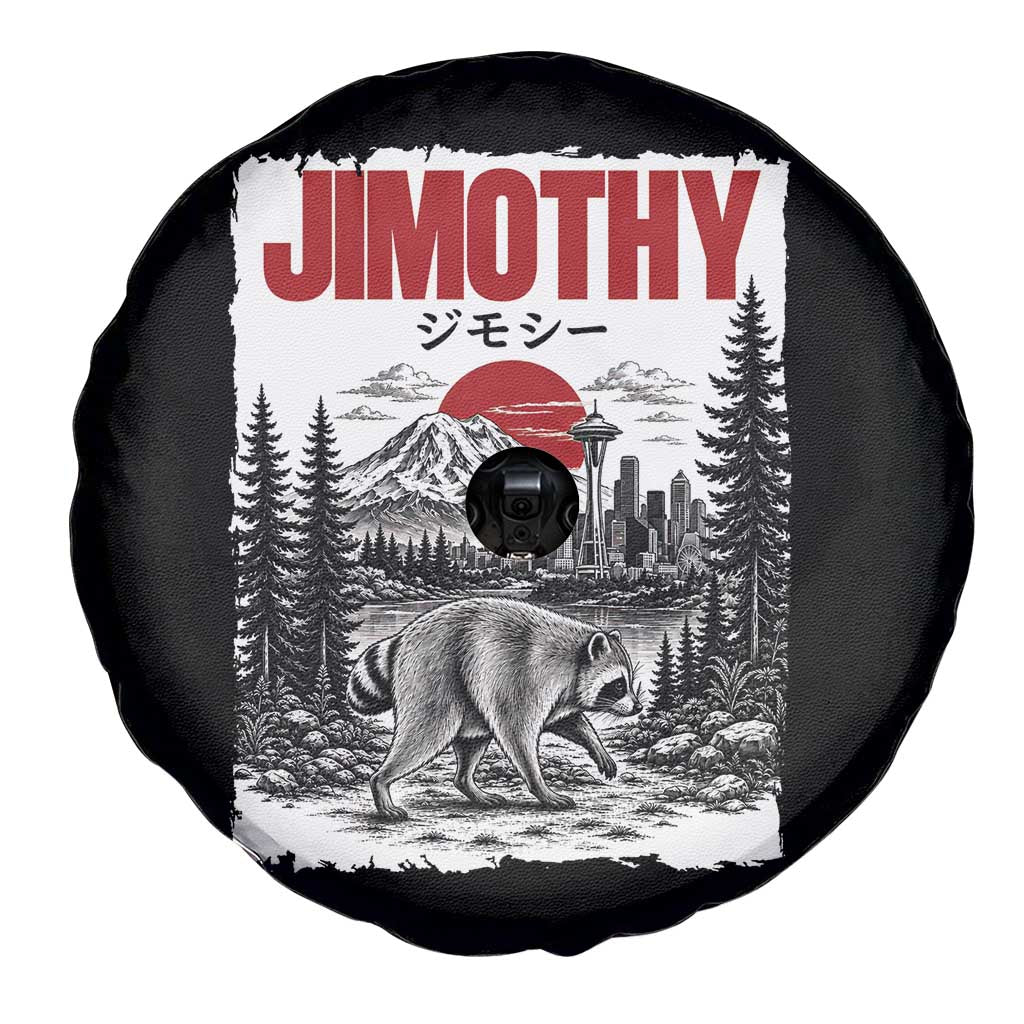 Jimothy The Raccoon Spare Tire Cover Seattle Skyline Mount Rainier Japanese Retro Vintage Art