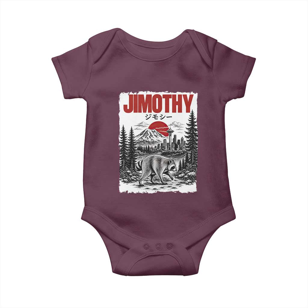 Jimothy The Raccoon Baby Onesie Seattle Skyline Mount Rainier Japanese Retro Vintage Art