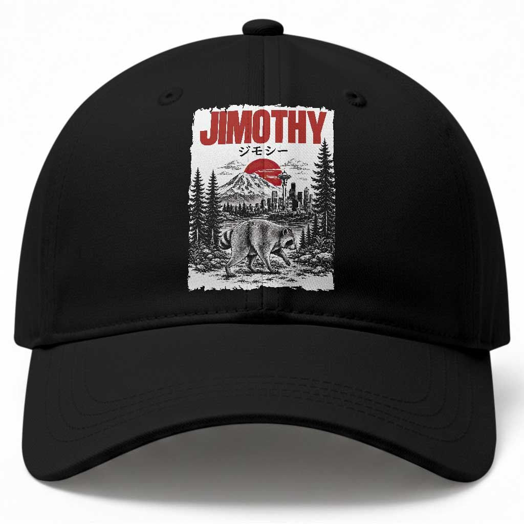 Jimothy The Raccoon Baseball Cap Seattle Skyline Mount Rainier Japanese Retro Vintage Art