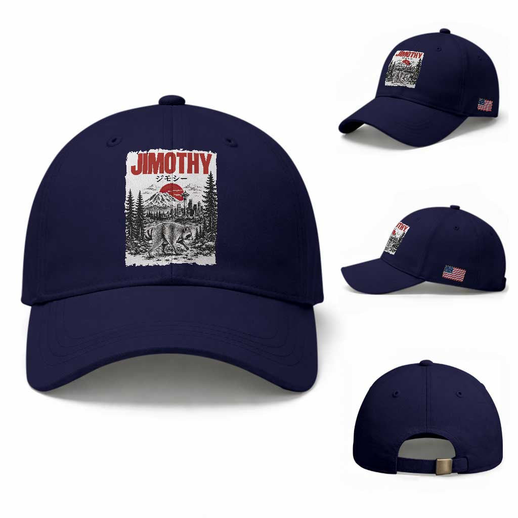 Jimothy The Raccoon Baseball Cap Seattle Skyline Mount Rainier Japanese Retro Vintage Art