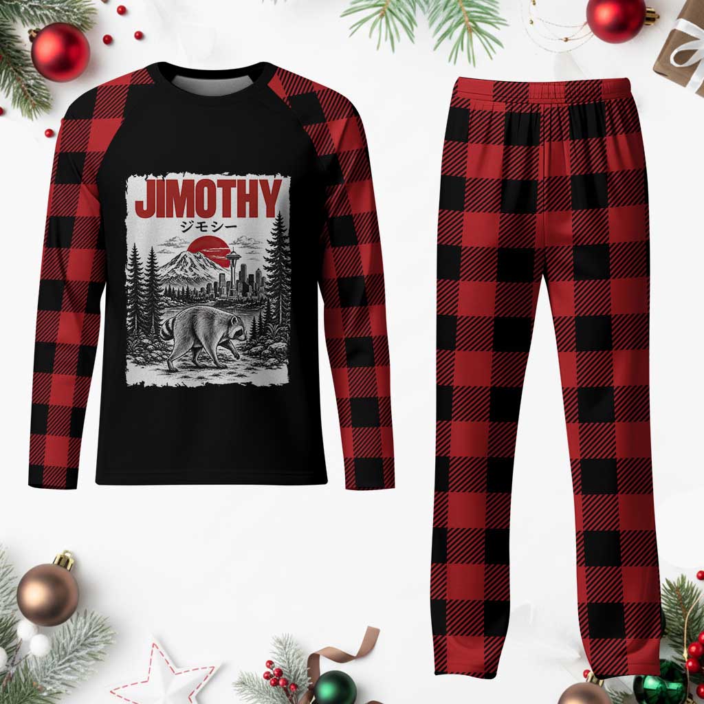 Jimothy The Raccoon Plaid Pajama Set Seattle Skyline Mount Rainier Japanese Retro Vintage Art