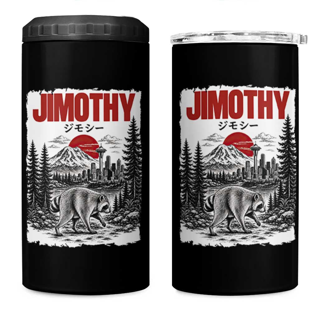 Jimothy The Raccoon 4 in 1 Can Cooler Tumbler Seattle Skyline Mount Rainier Japanese Retro Vintage Art