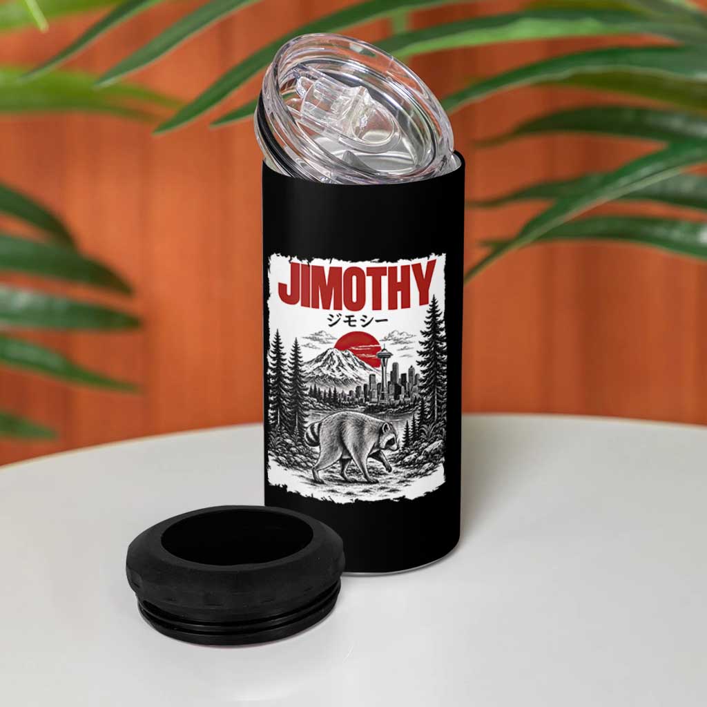 Jimothy The Raccoon 4 in 1 Can Cooler Tumbler Seattle Skyline Mount Rainier Japanese Retro Vintage Art
