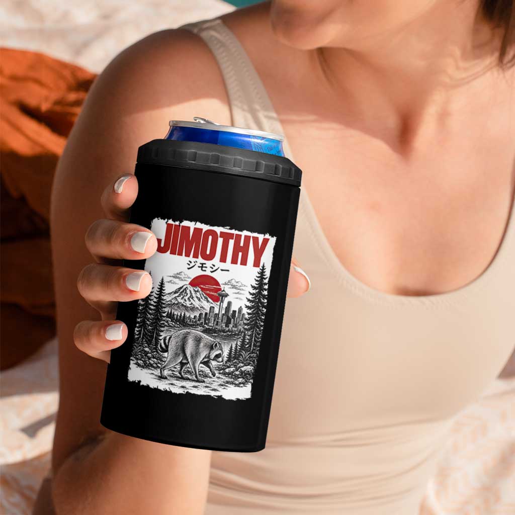 Jimothy The Raccoon 4 in 1 Can Cooler Tumbler Seattle Skyline Mount Rainier Japanese Retro Vintage Art