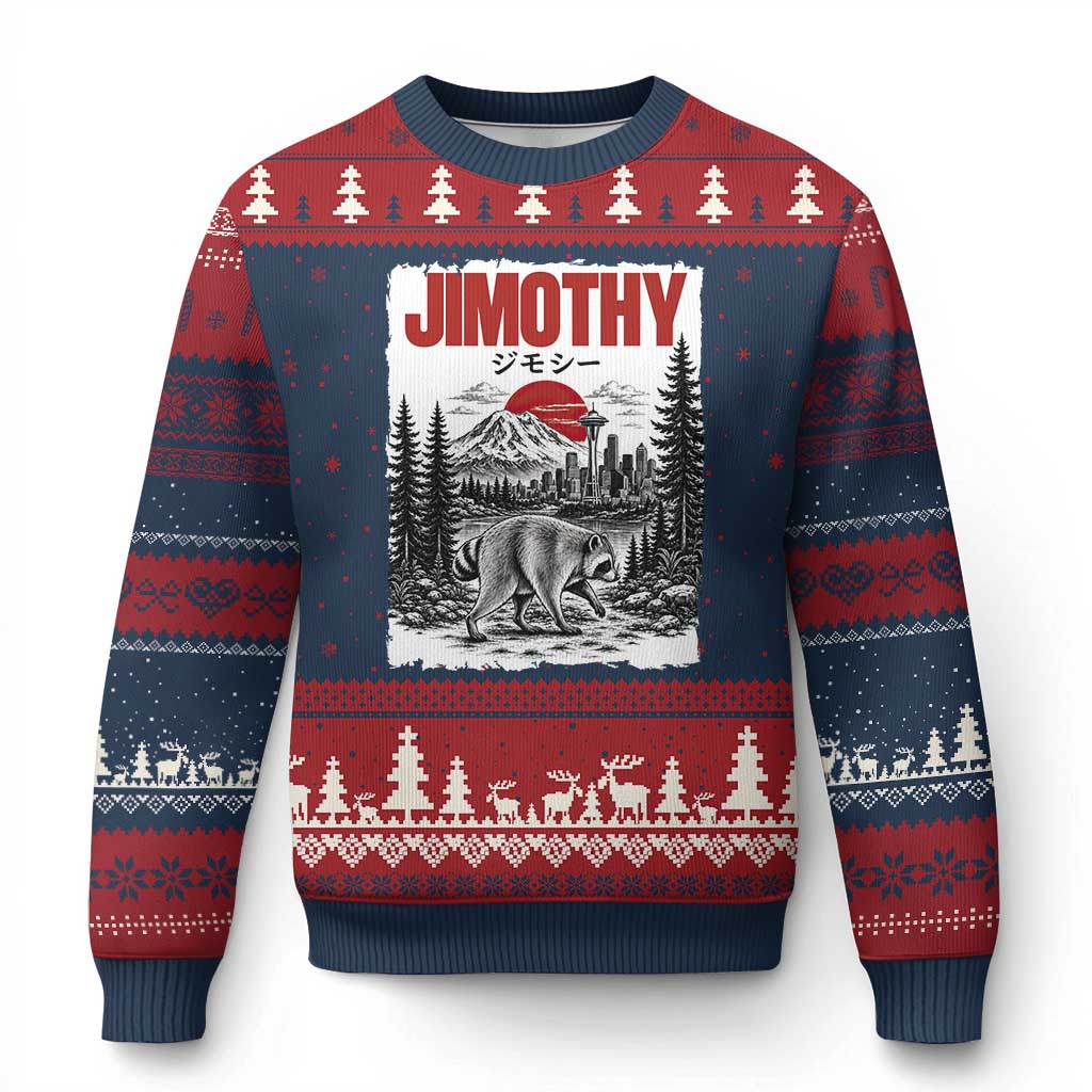 Jimothy The Raccoon Ugly Christmas Sweater Seattle Skyline Mount Rainier Japanese Retro Vintage Art