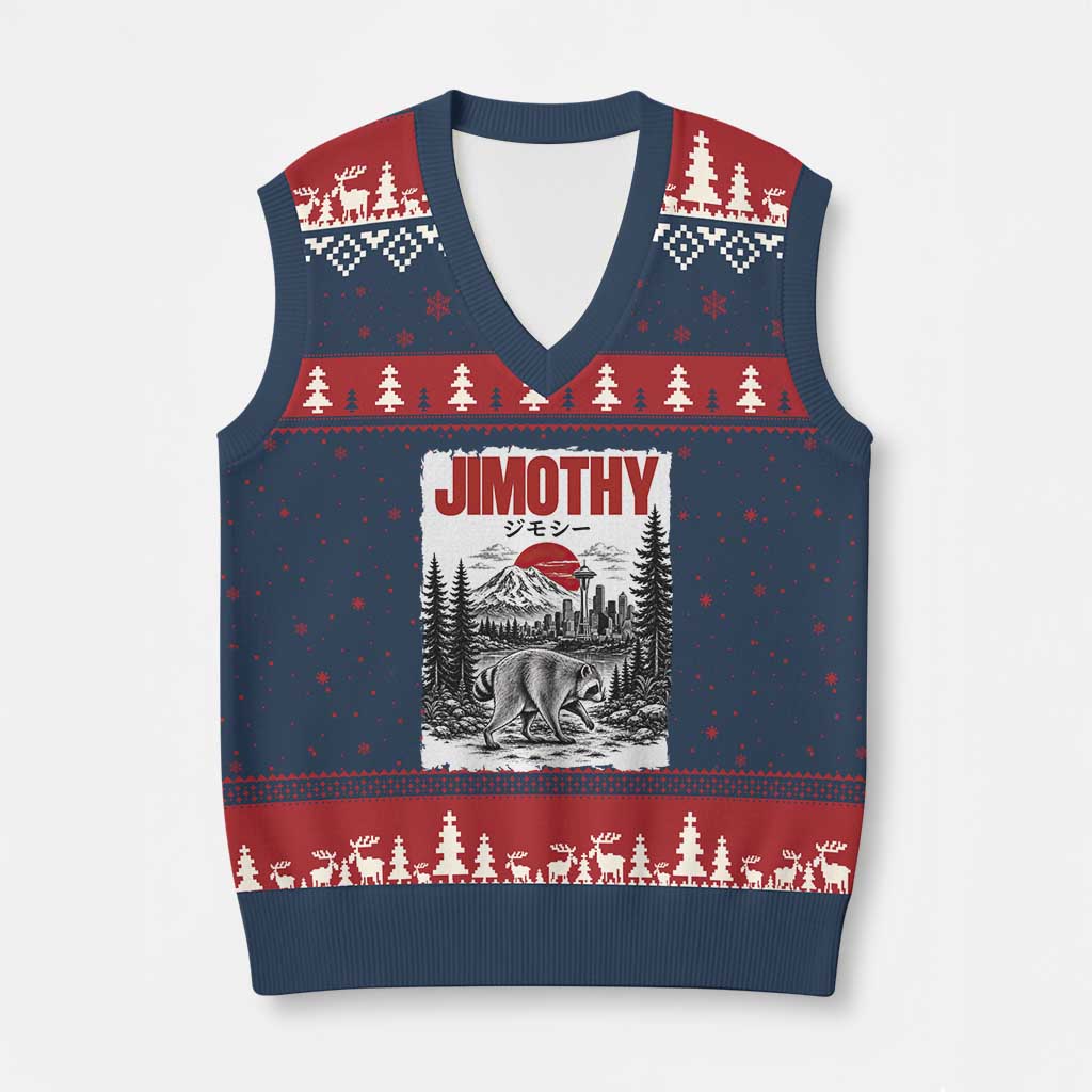 Jimothy The Raccoon V-Neck Knit Sweater Vest Seattle Skyline Mount Rainier Japanese Retro Vintage Art