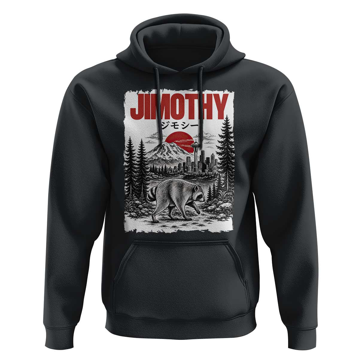 Jimothy The Raccoon Hoodie Seattle Skyline Mount Rainier Japanese Retro Vintage Art