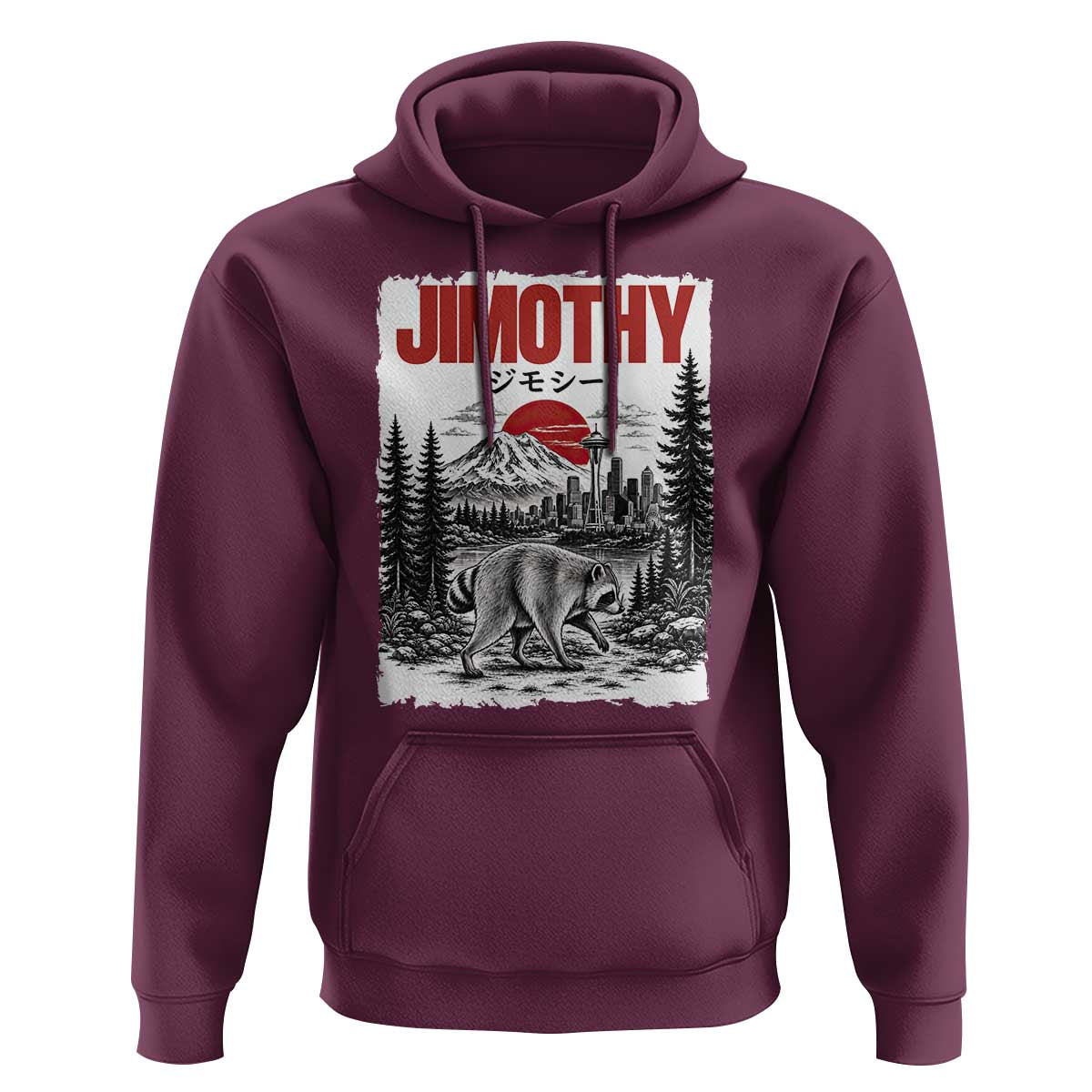Jimothy The Raccoon Hoodie Seattle Skyline Mount Rainier Japanese Retro Vintage Art