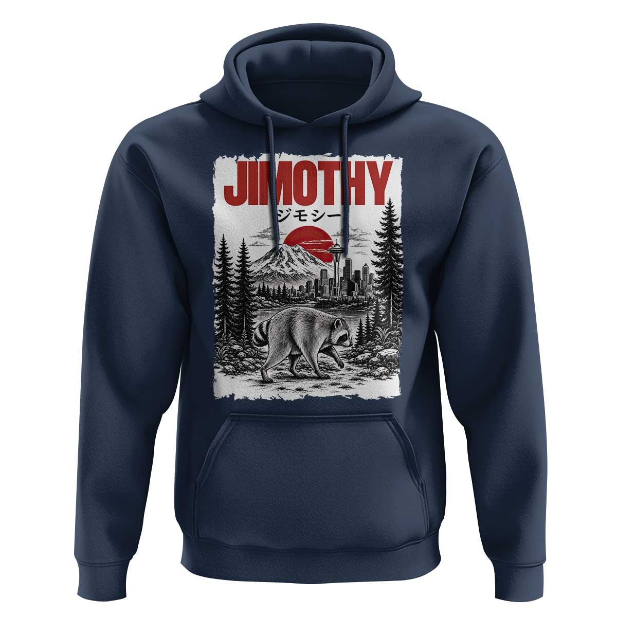 Jimothy The Raccoon Hoodie Seattle Skyline Mount Rainier Japanese Retro Vintage Art