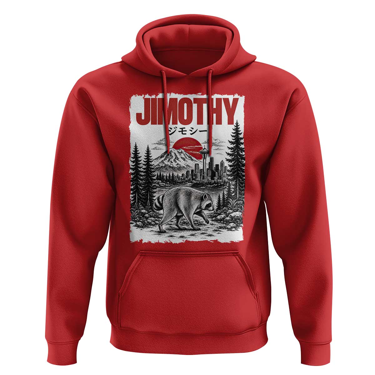 Jimothy The Raccoon Hoodie Seattle Skyline Mount Rainier Japanese Retro Vintage Art