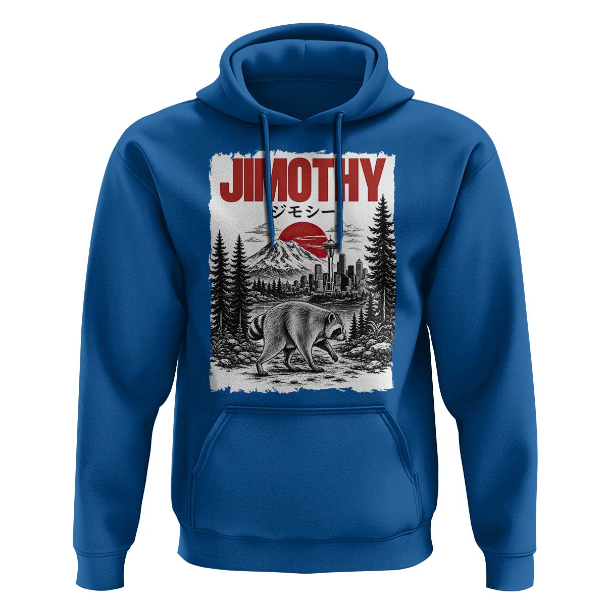 Jimothy The Raccoon Hoodie Seattle Skyline Mount Rainier Japanese Retro Vintage Art