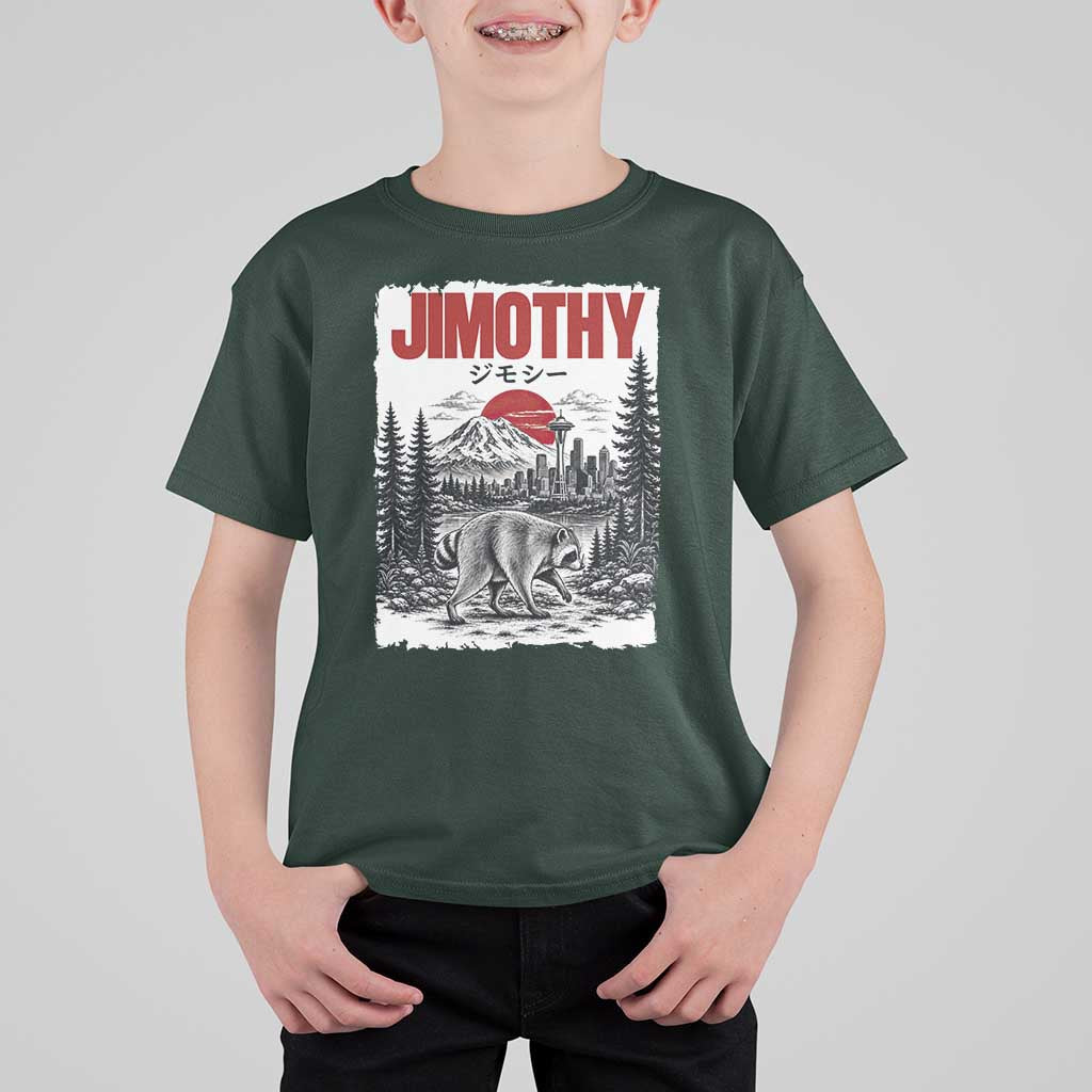Jimothy The Raccoon T Shirt For Kid Seattle Skyline Mount Rainier Japanese Retro Vintage Art