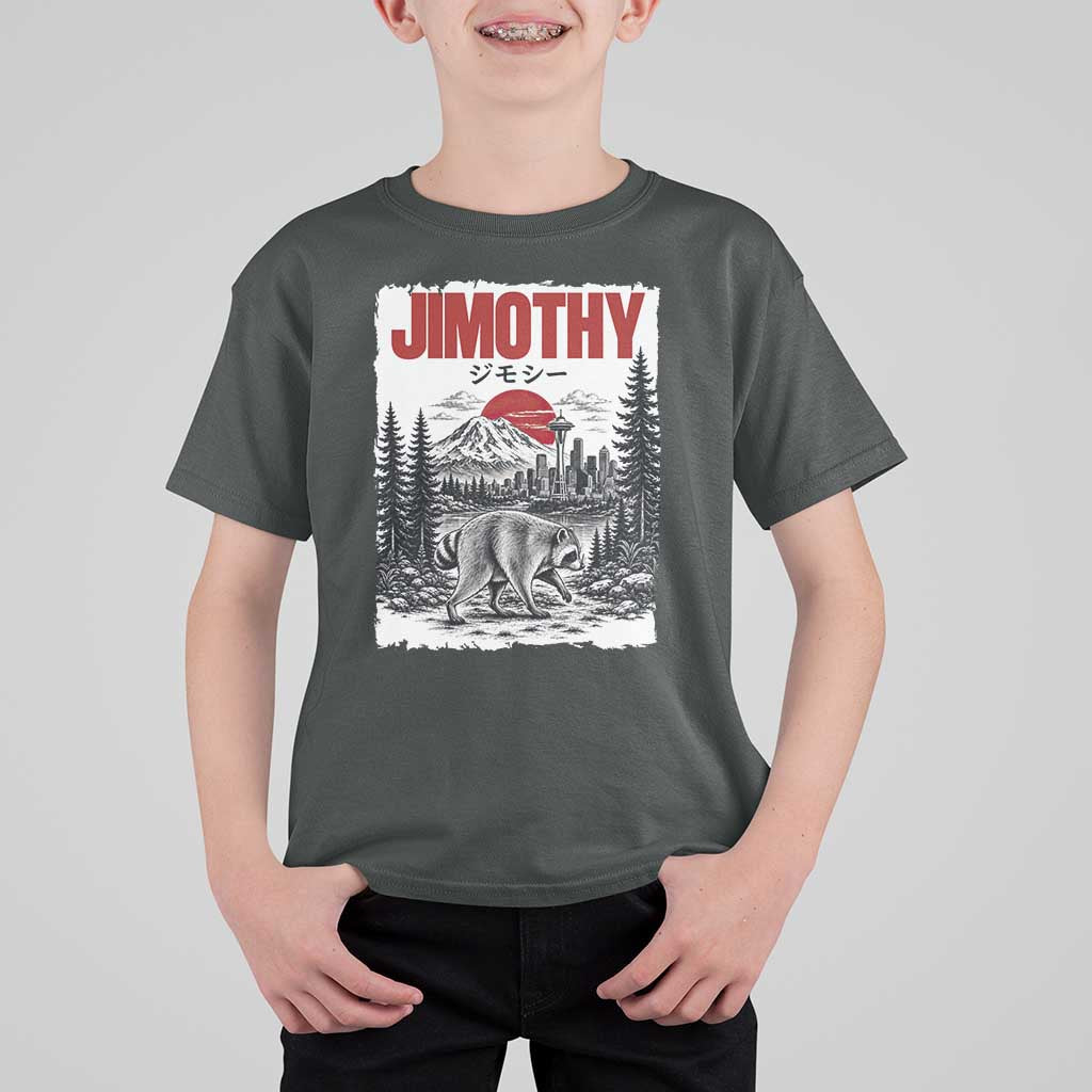 Jimothy The Raccoon T Shirt For Kid Seattle Skyline Mount Rainier Japanese Retro Vintage Art