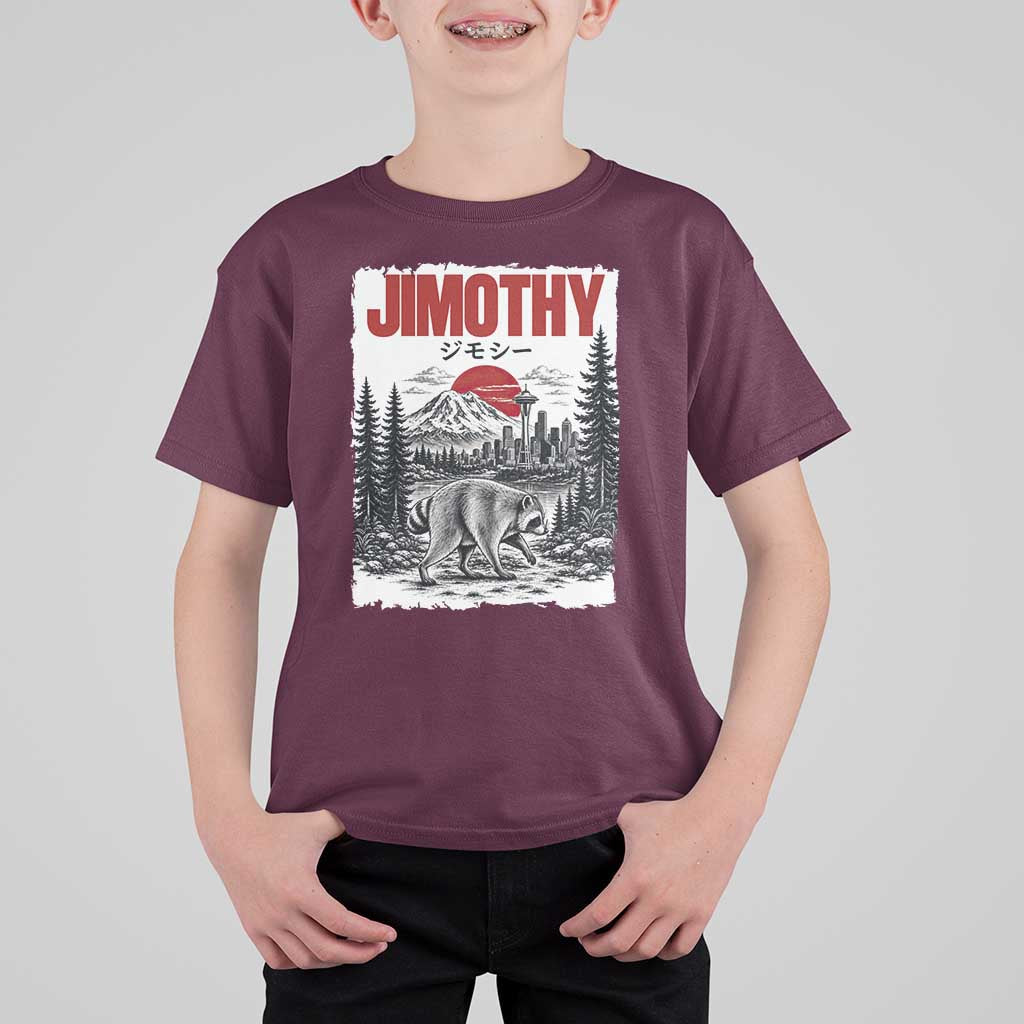 Jimothy The Raccoon T Shirt For Kid Seattle Skyline Mount Rainier Japanese Retro Vintage Art