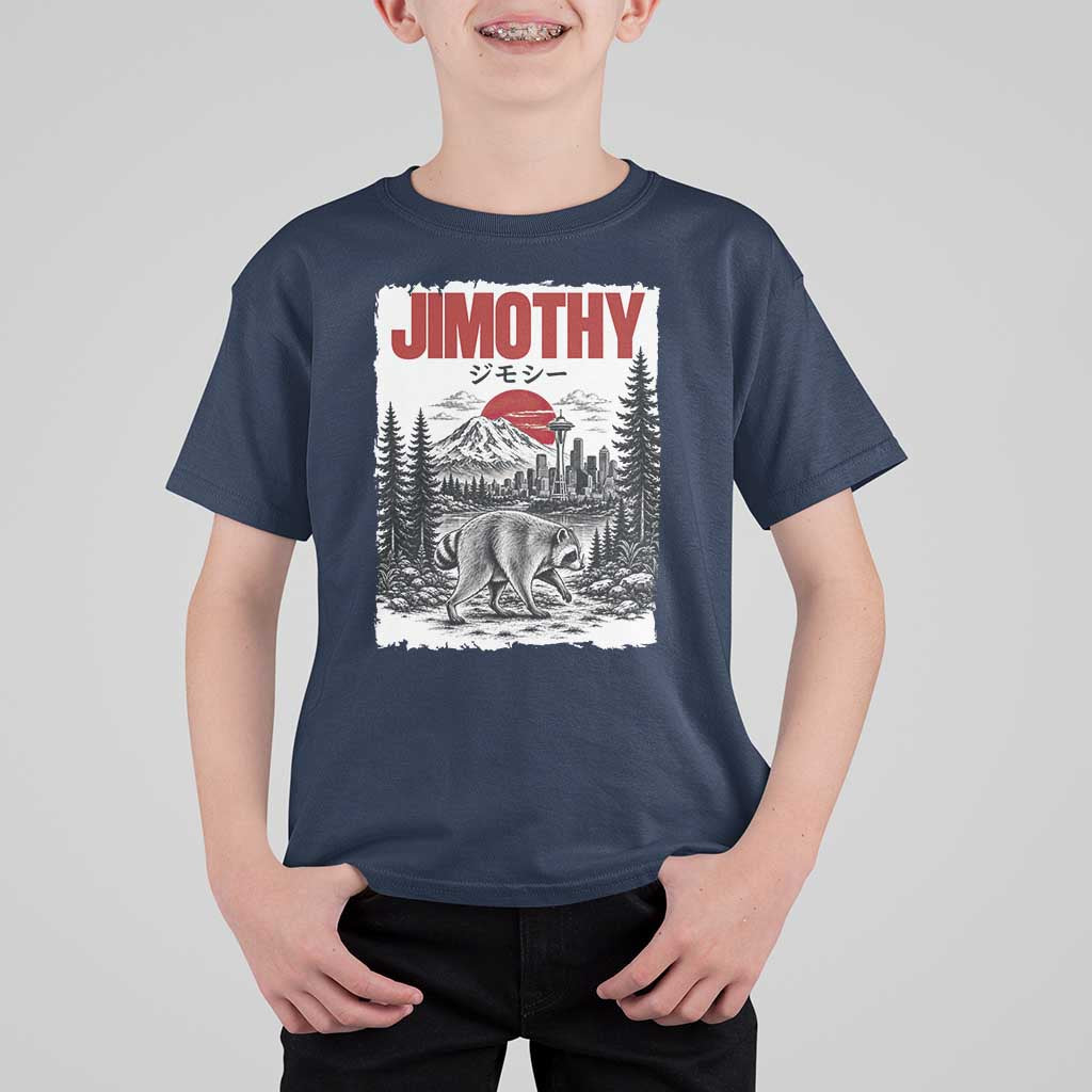 Jimothy The Raccoon T Shirt For Kid Seattle Skyline Mount Rainier Japanese Retro Vintage Art