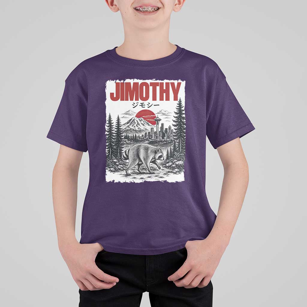 Jimothy The Raccoon T Shirt For Kid Seattle Skyline Mount Rainier Japanese Retro Vintage Art