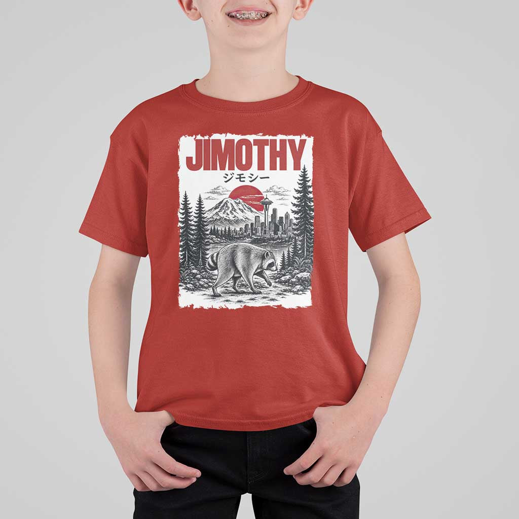 Jimothy The Raccoon T Shirt For Kid Seattle Skyline Mount Rainier Japanese Retro Vintage Art