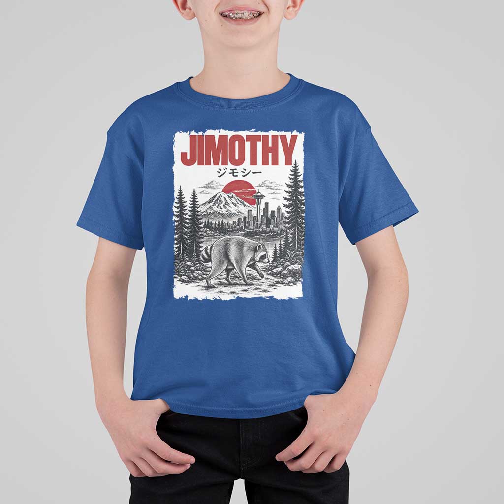 Jimothy The Raccoon T Shirt For Kid Seattle Skyline Mount Rainier Japanese Retro Vintage Art