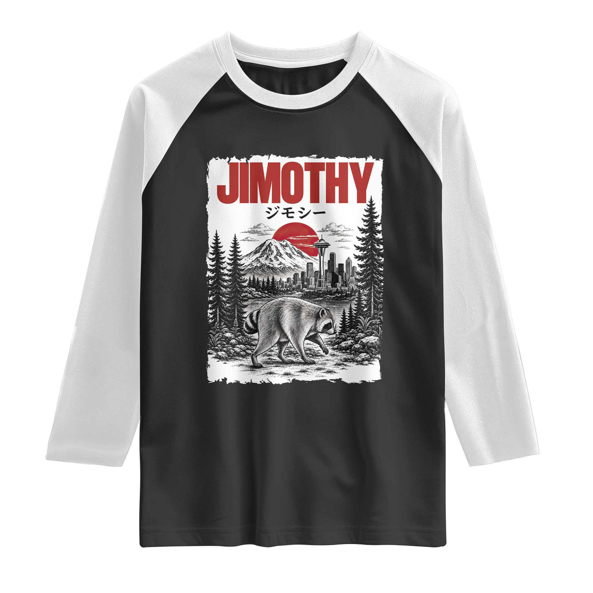 Jimothy The Raccoon Raglan Shirt Seattle Skyline Mount Rainier Japanese Retro Vintage Art