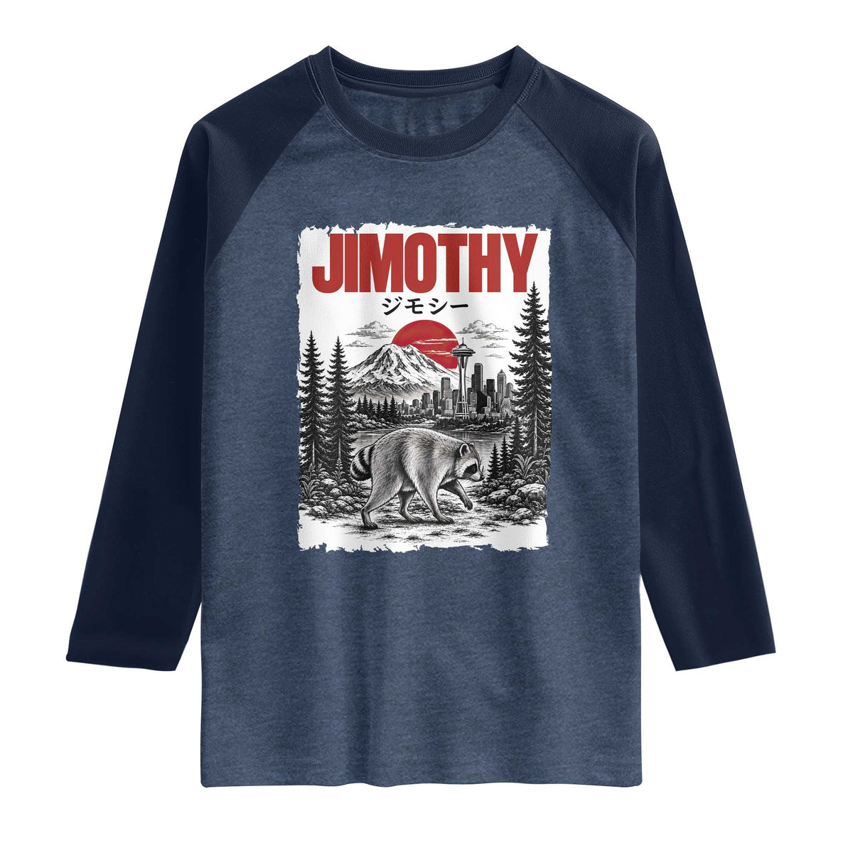 Jimothy The Raccoon Raglan Shirt Seattle Skyline Mount Rainier Japanese Retro Vintage Art