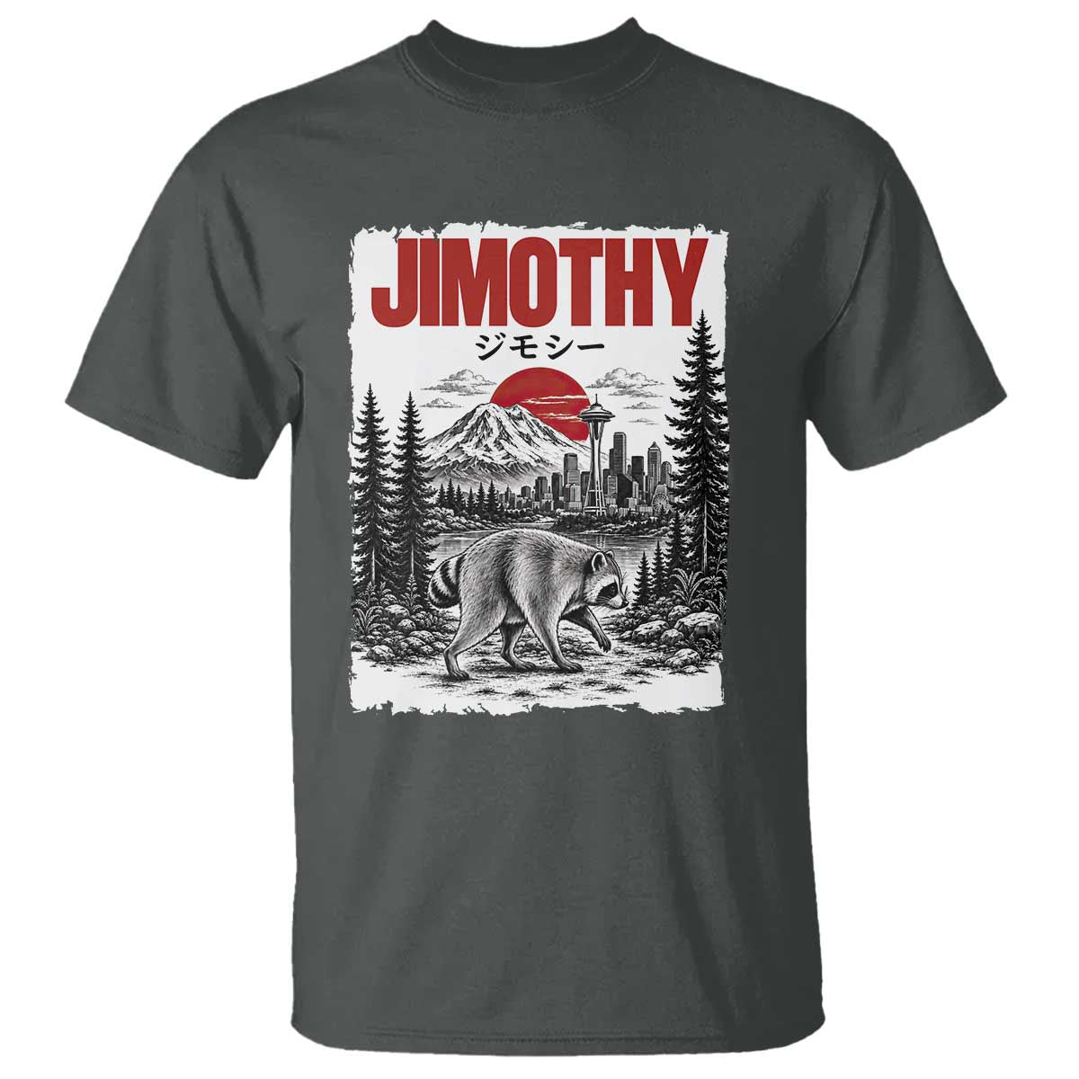 Jimothy The Raccoon T Shirt Seattle Skyline Mount Rainier Japanese Retro Vintage Art