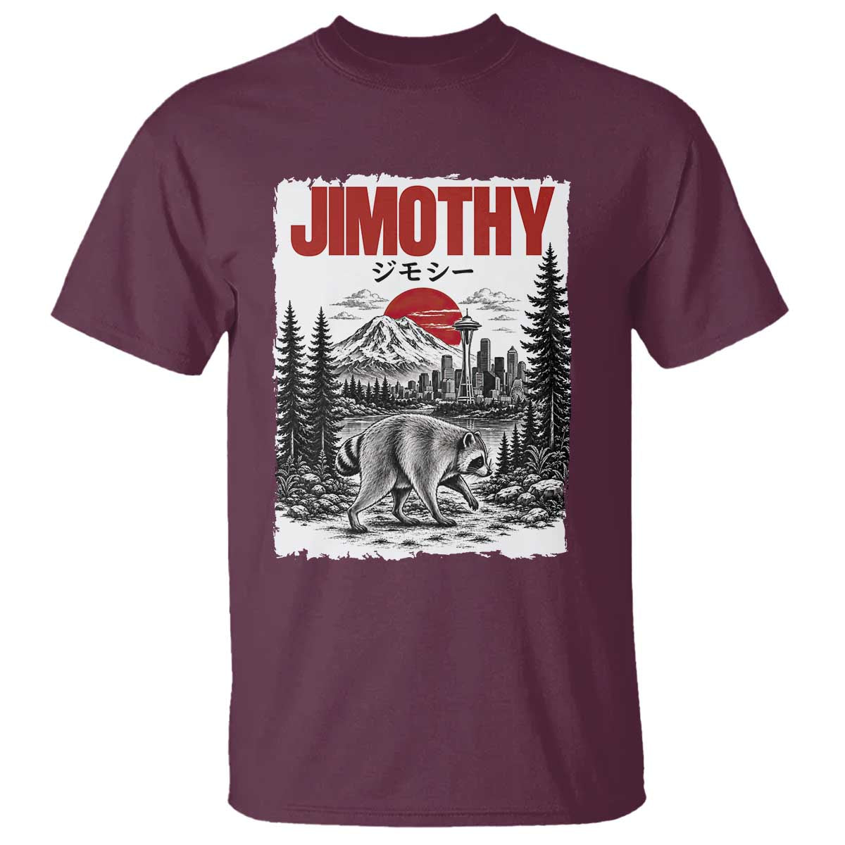 Jimothy The Raccoon T Shirt Seattle Skyline Mount Rainier Japanese Retro Vintage Art