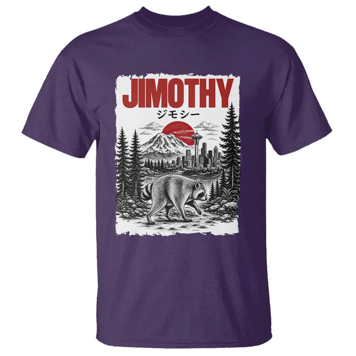 Jimothy The Raccoon T Shirt Seattle Skyline Mount Rainier Japanese Retro Vintage Art