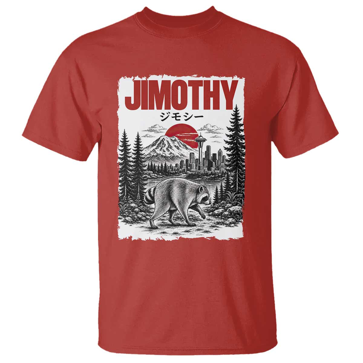 Jimothy The Raccoon T Shirt Seattle Skyline Mount Rainier Japanese Retro Vintage Art