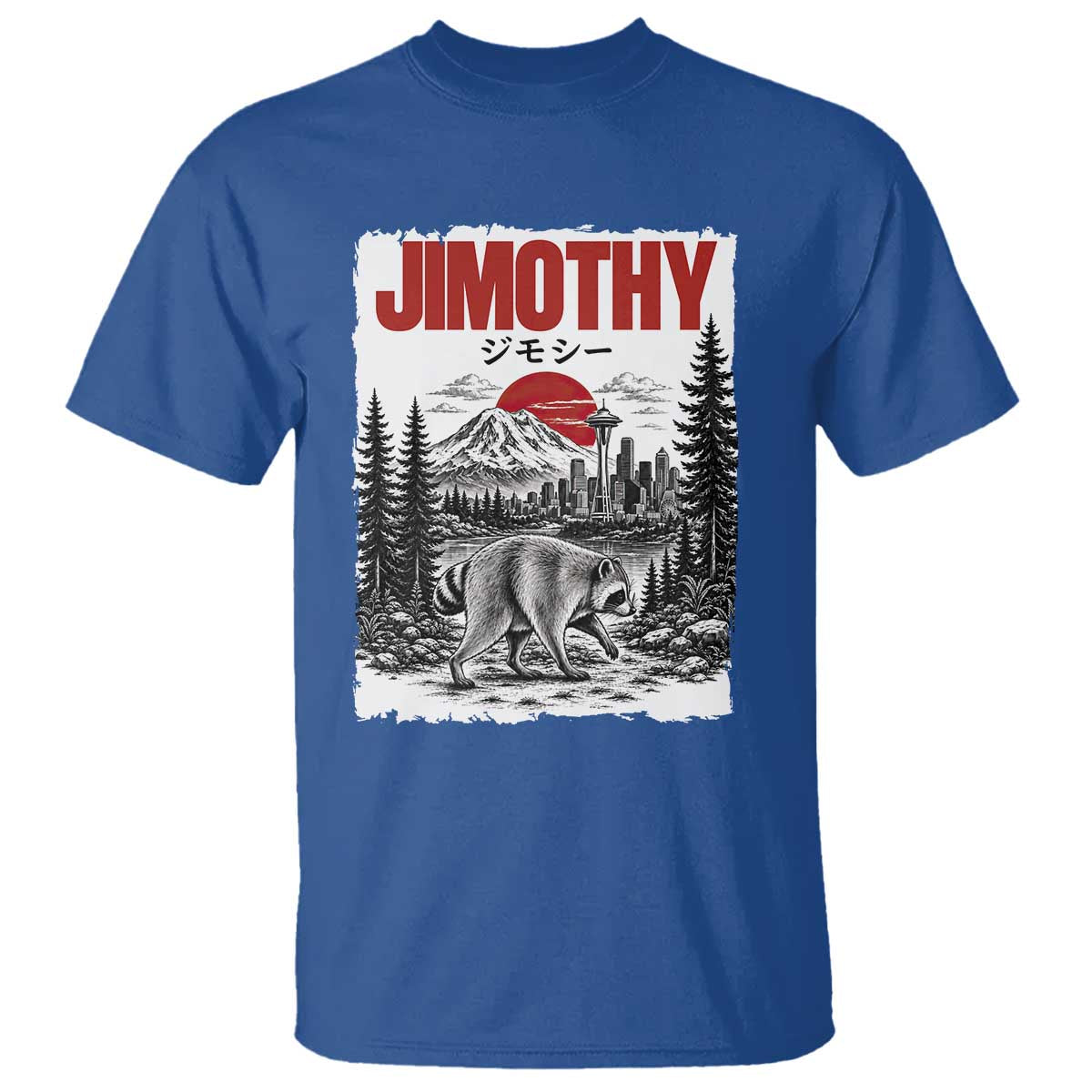 Jimothy The Raccoon T Shirt Seattle Skyline Mount Rainier Japanese Retro Vintage Art