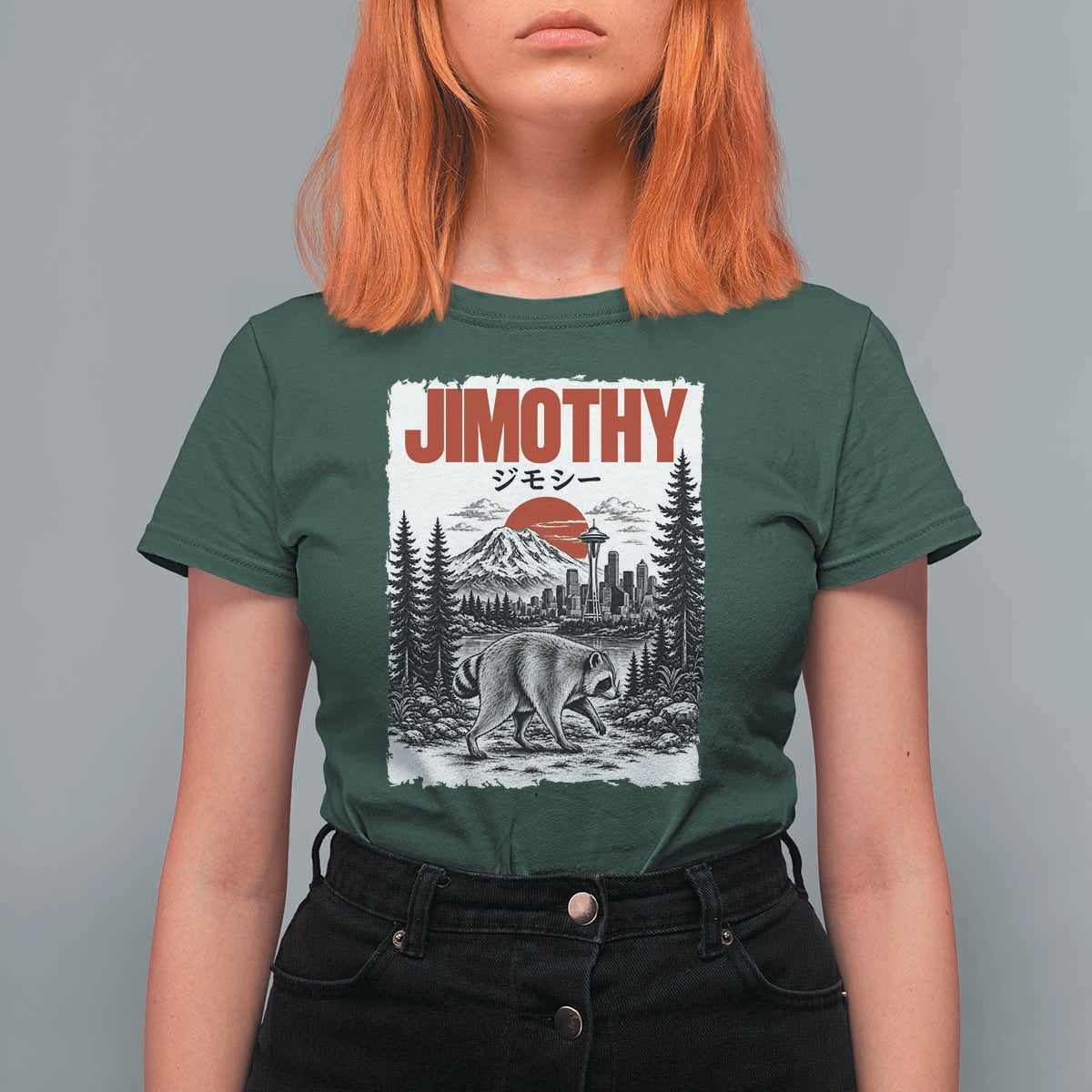 Jimothy The Raccoon T Shirt For Women Seattle Skyline Mount Rainier Japanese Retro Vintage Art