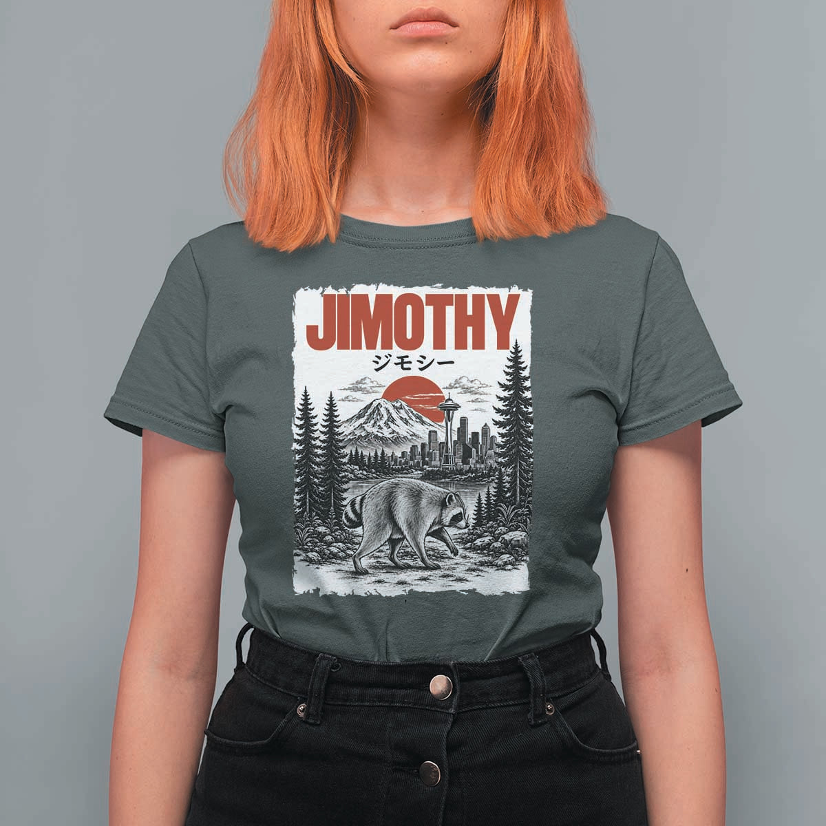 Jimothy The Raccoon T Shirt For Women Seattle Skyline Mount Rainier Japanese Retro Vintage Art