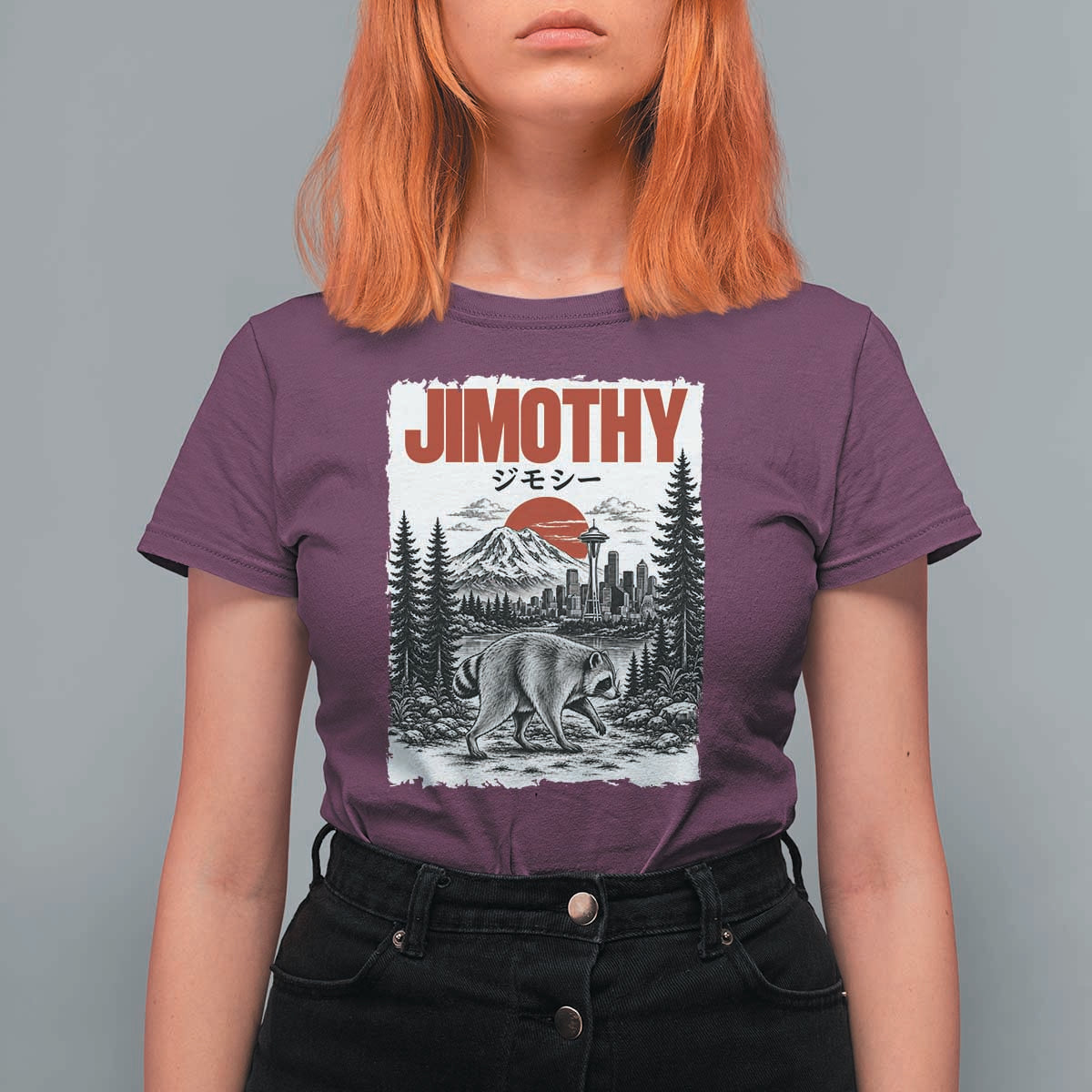 Jimothy The Raccoon T Shirt For Women Seattle Skyline Mount Rainier Japanese Retro Vintage Art