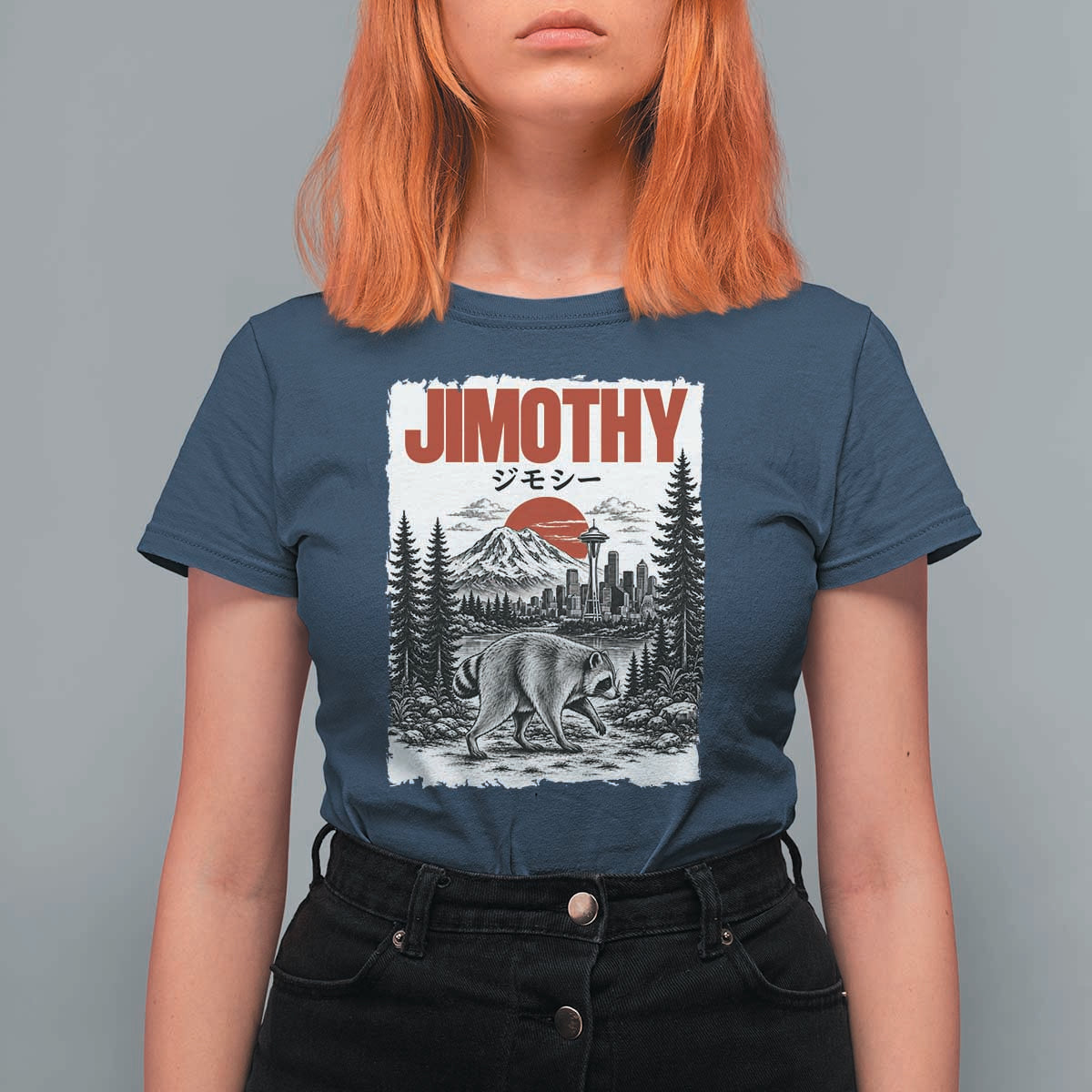 Jimothy The Raccoon T Shirt For Women Seattle Skyline Mount Rainier Japanese Retro Vintage Art