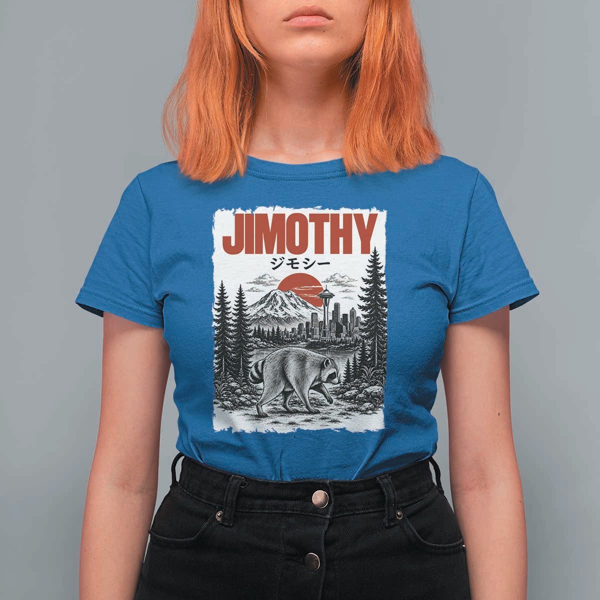 Jimothy The Raccoon T Shirt For Women Seattle Skyline Mount Rainier Japanese Retro Vintage Art