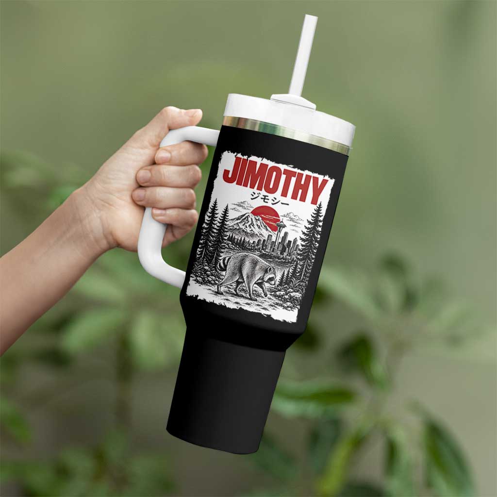 Jimothy The Raccoon Tumbler With Handle Seattle Skyline Mount Rainier Japanese Retro Vintage Art