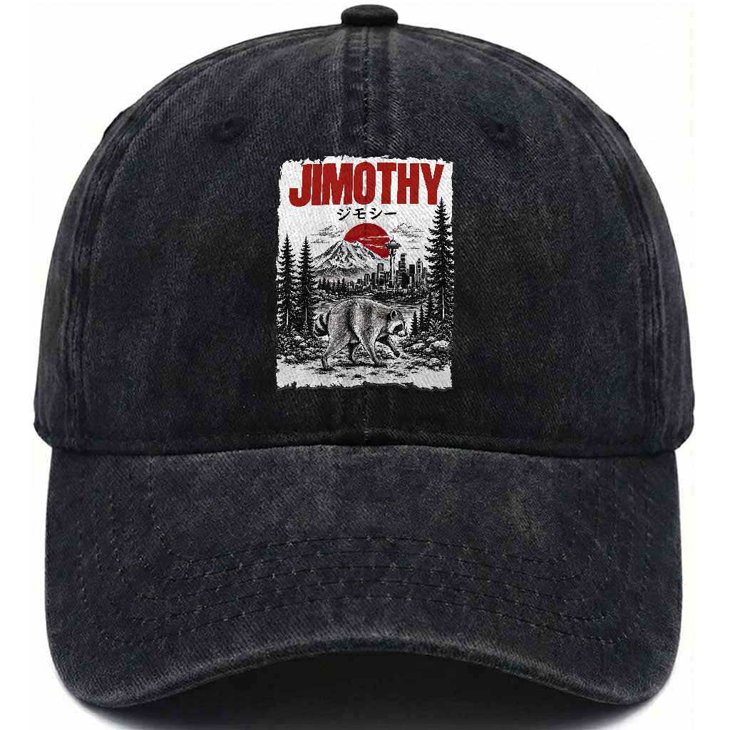 Jimothy The Raccoon Washed Cotton Baseball Cap Seattle Skyline Mount Rainier Japanese Retro Vintage Art
