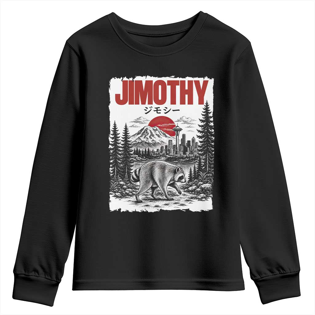 Jimothy The Raccoon Youth Sweatshirt Seattle Skyline Mount Rainier Japanese Retro Vintage Art