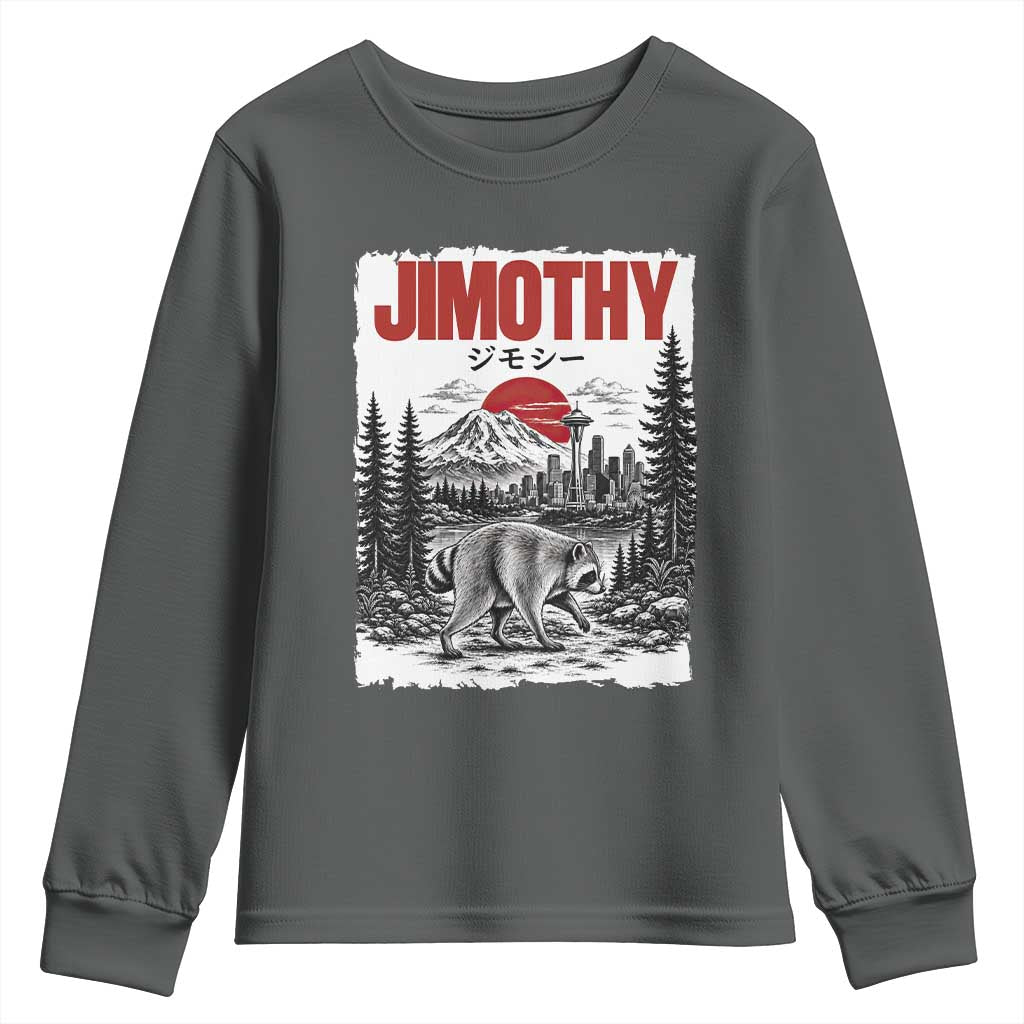 Jimothy The Raccoon Youth Sweatshirt Seattle Skyline Mount Rainier Japanese Retro Vintage Art