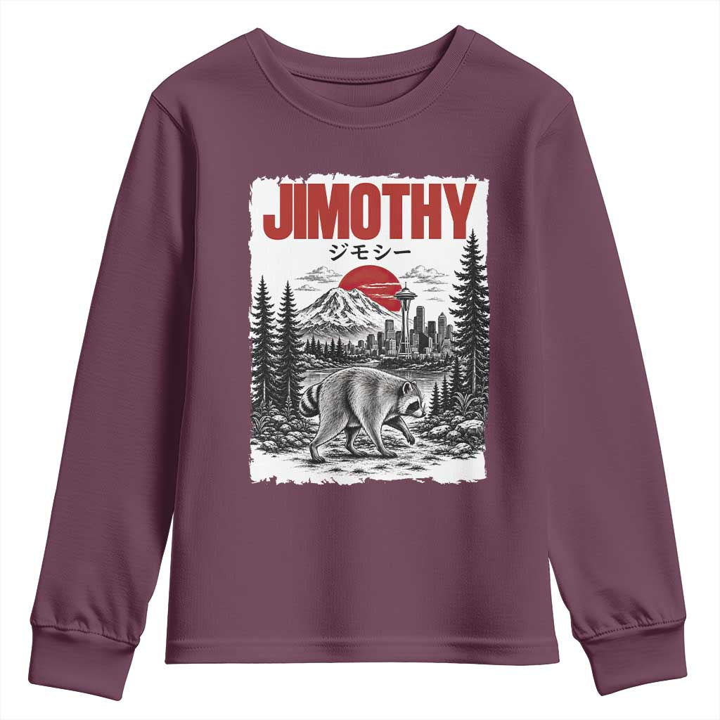 Jimothy The Raccoon Youth Sweatshirt Seattle Skyline Mount Rainier Japanese Retro Vintage Art