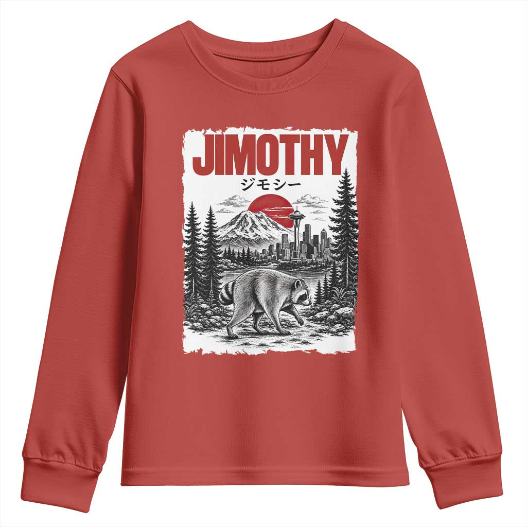 Jimothy The Raccoon Youth Sweatshirt Seattle Skyline Mount Rainier Japanese Retro Vintage Art