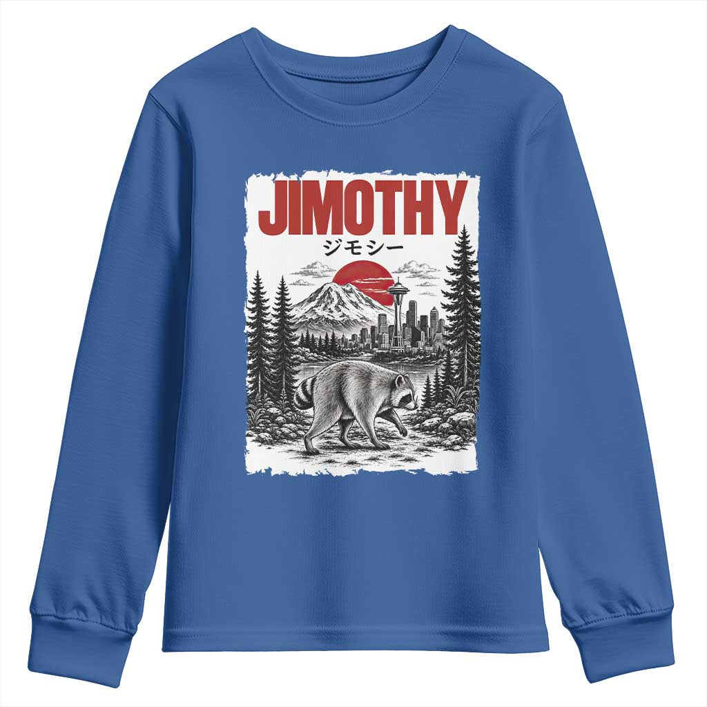 Jimothy The Raccoon Youth Sweatshirt Seattle Skyline Mount Rainier Japanese Retro Vintage Art