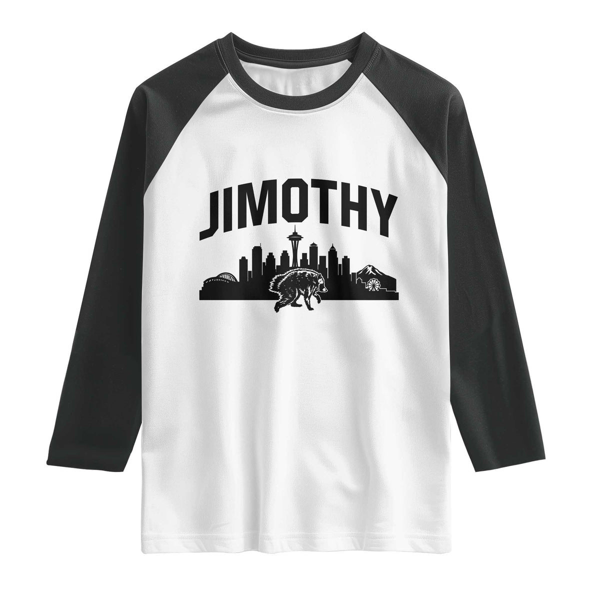 Jimothy The Raccoon Raglan Shirt Seattle Space Needle Mount Rainier Landscape Art