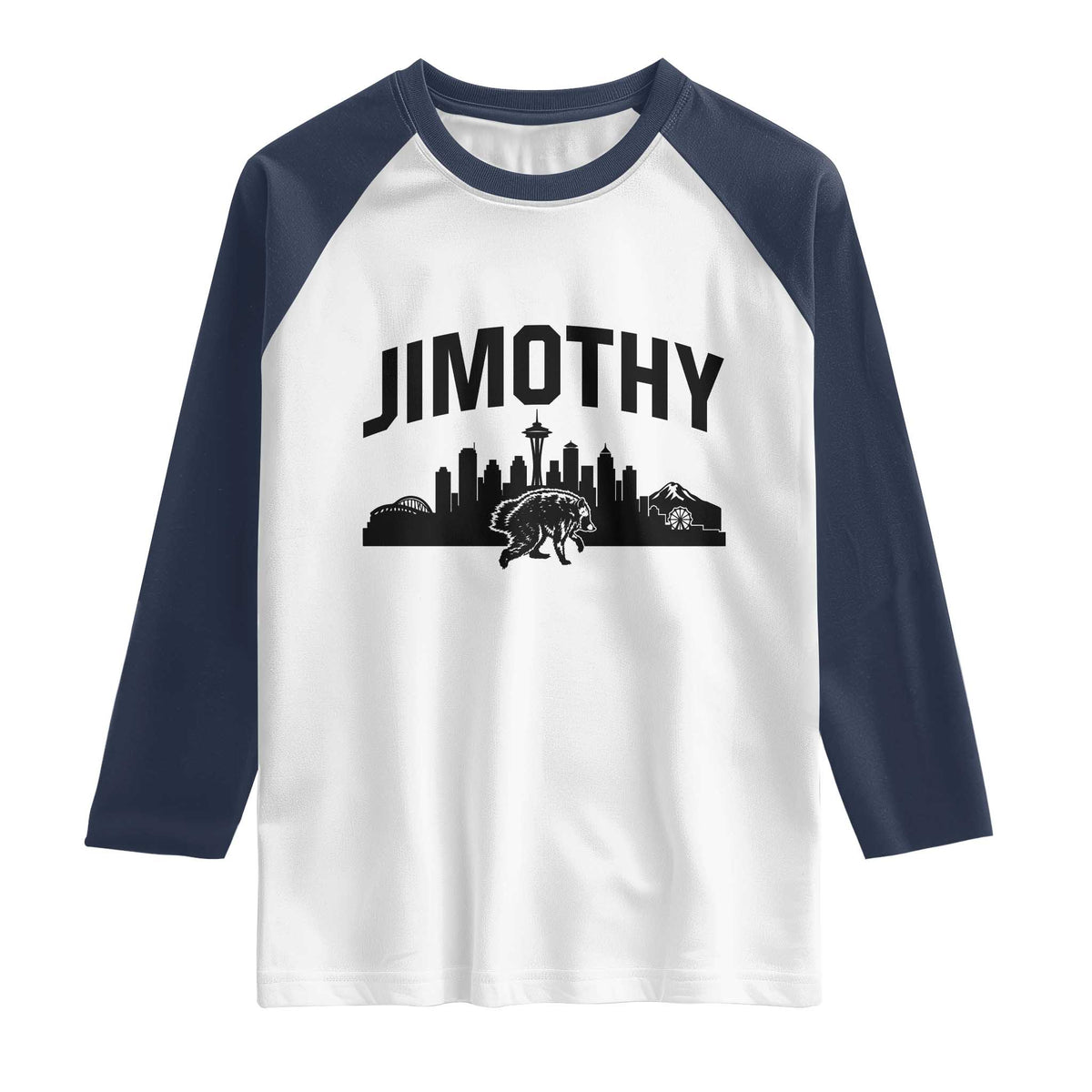Jimothy The Raccoon Raglan Shirt Seattle Space Needle Mount Rainier Landscape Art
