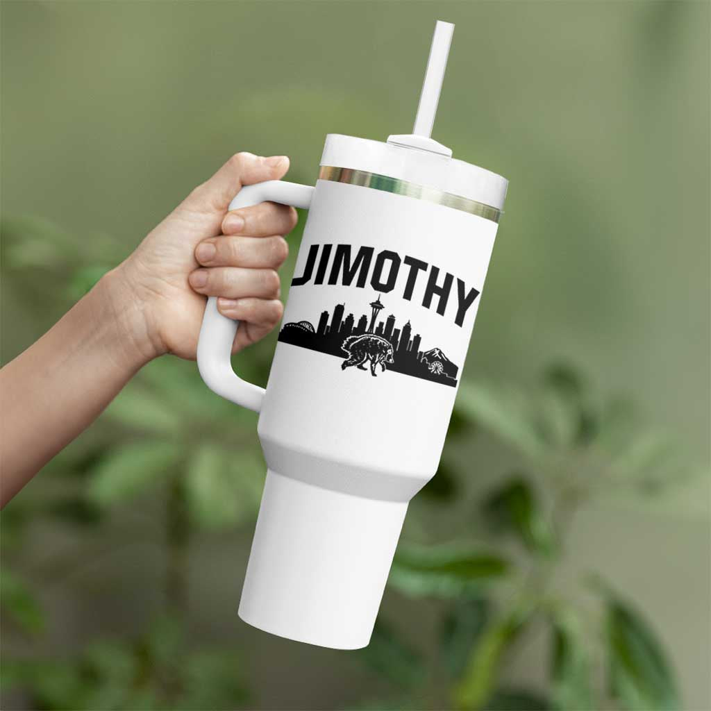 Jimothy The Raccoon Tumbler With Handle Seattle Space Needle Mount Rainier Landscape Art