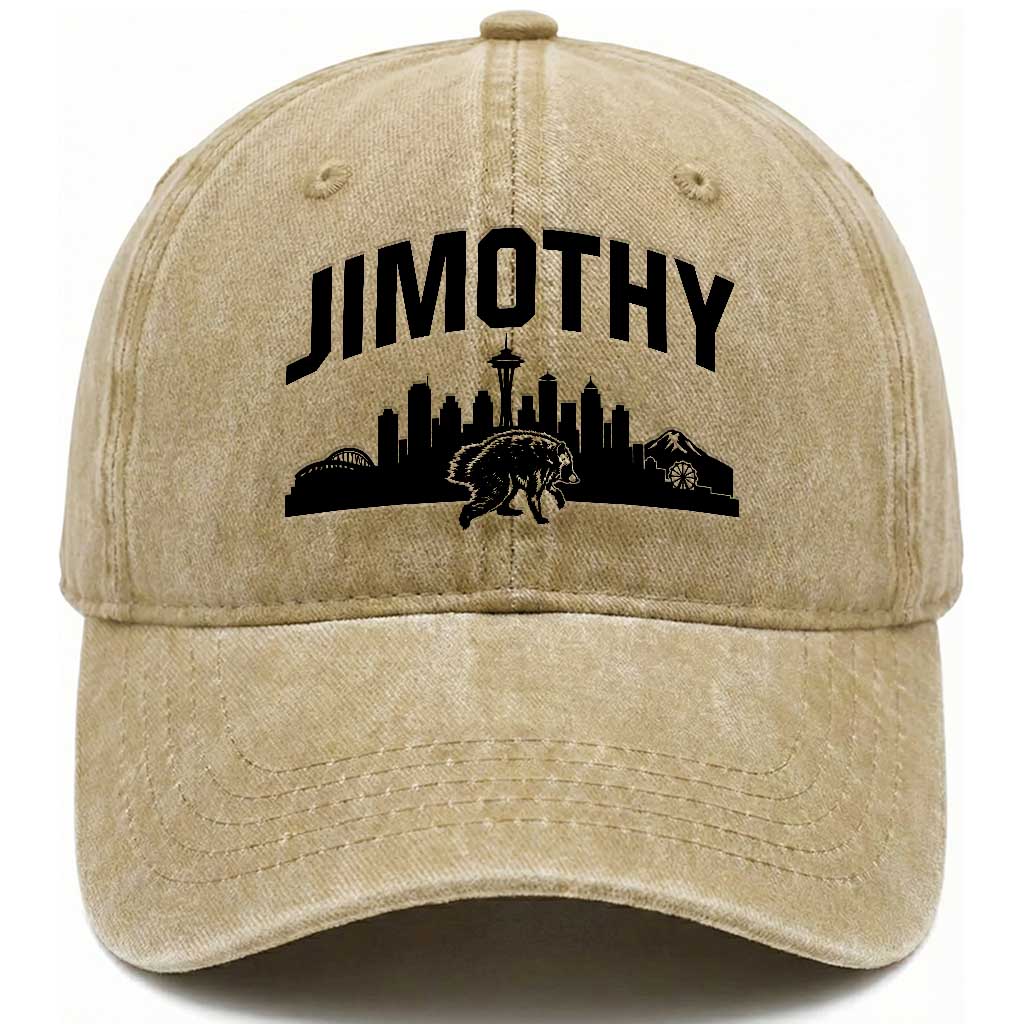 Jimothy The Raccoon Washed Cotton Baseball Cap Seattle Space Needle Mount Rainier Landscape Art