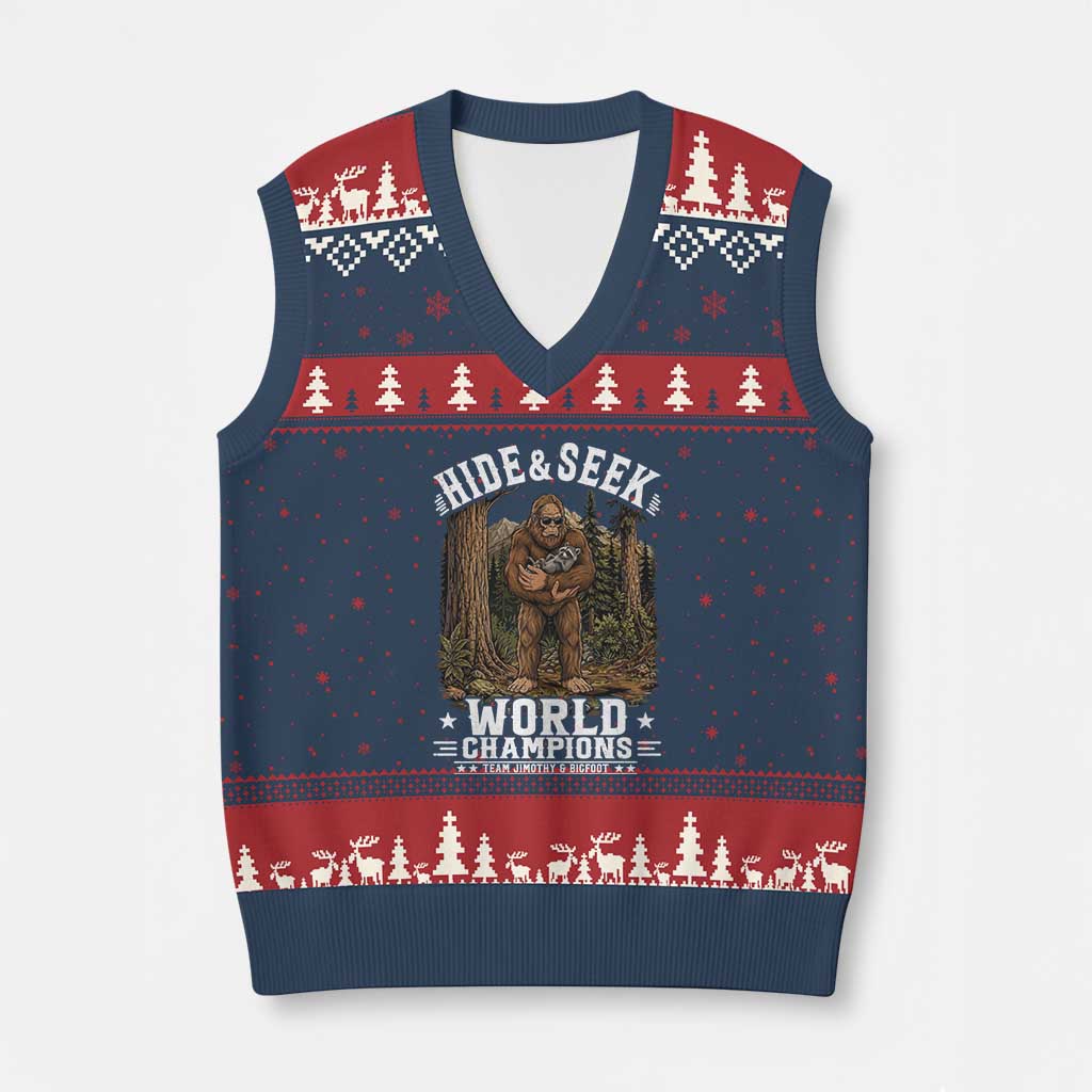 Bigfoot Jimothy The Raccoon Cryptid Animal Friendship V-Neck Knit Sweater Vest Hide And Seek World Champions